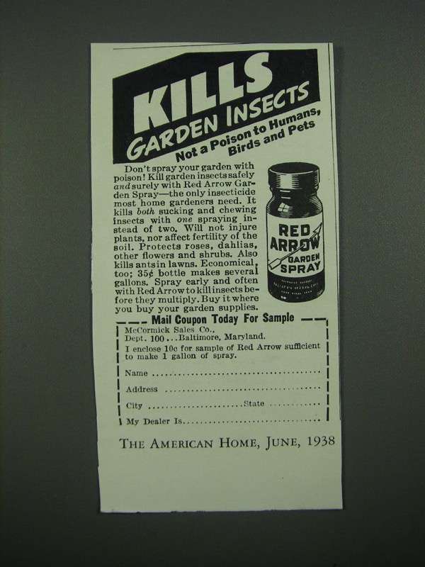 1938 McCormick Red Arrow Garden Spray Ad - Kills Garden Insects - £14.78 GBP