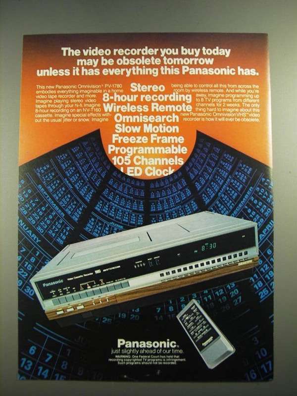 1982 Panasonic Omnivision PV-1780 Video Cassette Recorder Ad - $18.49