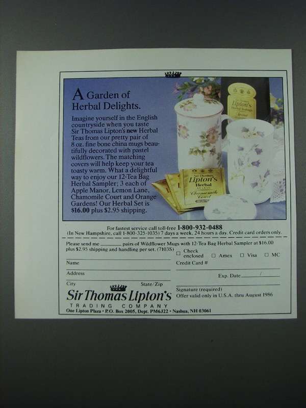 1986 Sir Thomas Lipton Wildflower Mugs and Herbal Sampler Ad - $18.49