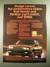 1987 Dodge Lancer Ad - The Performance Sedan - £14.53 GBP