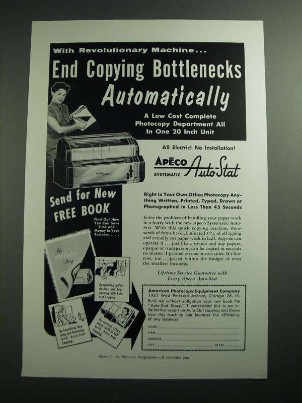 Primary image for 1954 Apeco Systematic Auto-Stat Ad - End Copying Bottlenecks