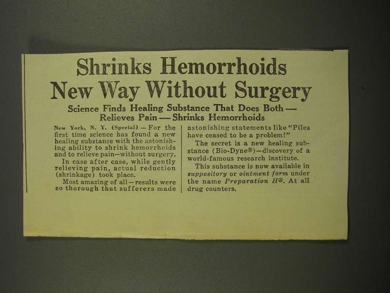 Primary image for 1964 Preparation H Ad - Shrinks Hemorrhoids Without Surgery
