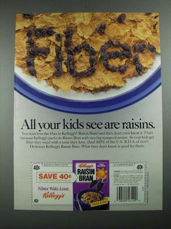 Primary image for 1987 Kellogg's Raisin Bran Cereal Ad - All Your Kids See Are Raisins