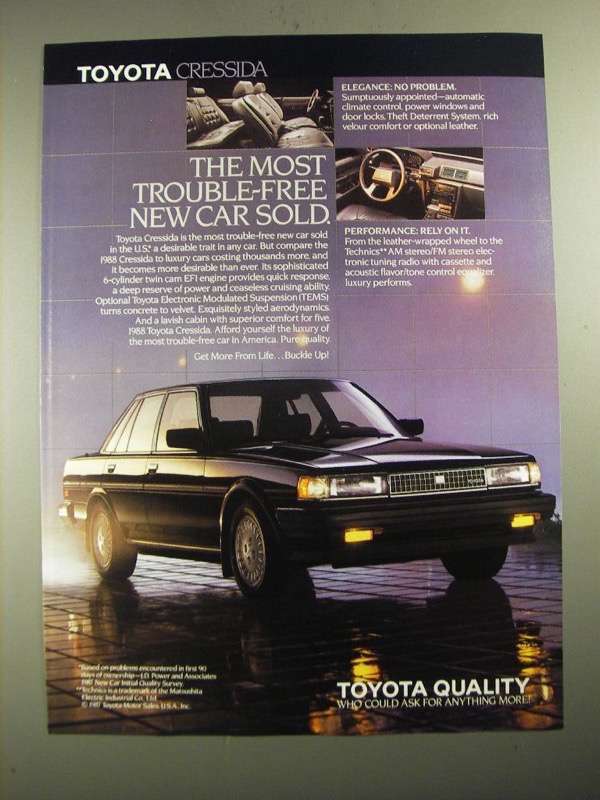 Primary image for 1988 Toyota Cressida Ad - The Most Trouble-Free New Car Sold