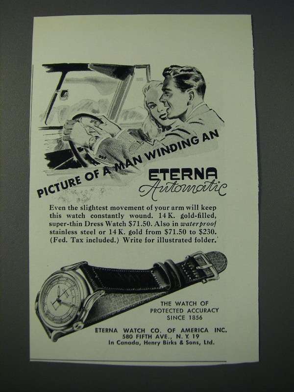 Primary image for 1948 Eterna Automatic Watch Ad - Picture of a Man Winding