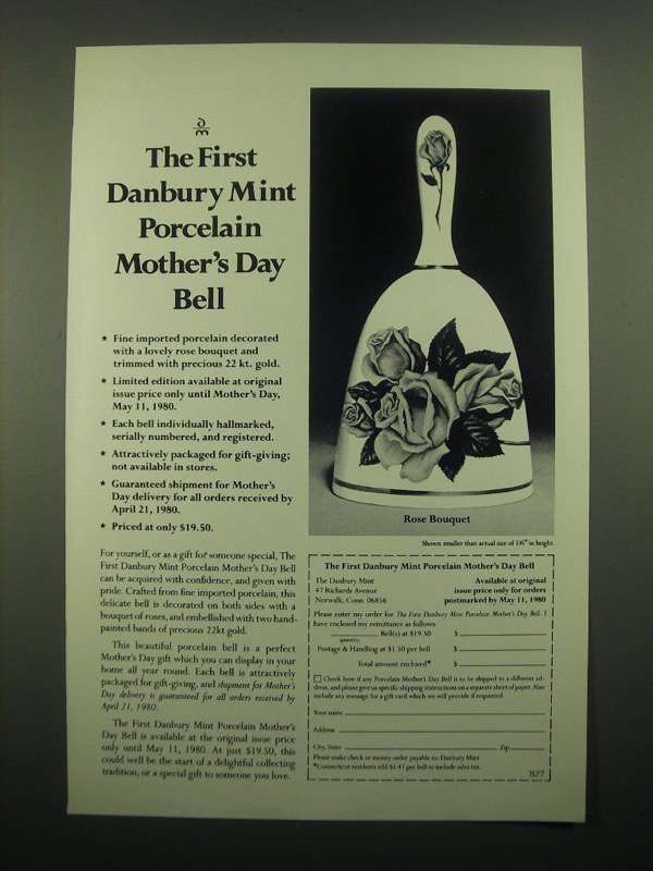 1980 Danbury Mint Porcelain Mother's Day Bell Ad - $18.49