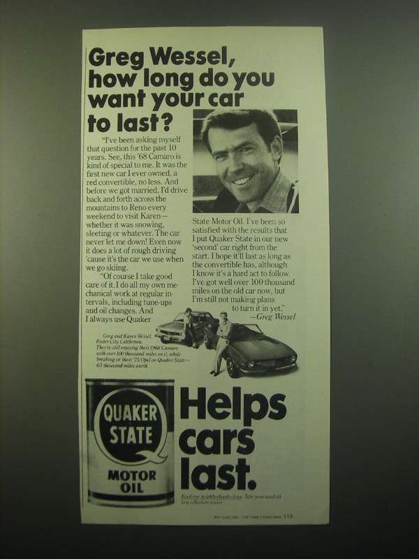 Primary image for 1980 Quaker State Motor Oil Ad - Greg Wessel, How Long Do You Want Your Car