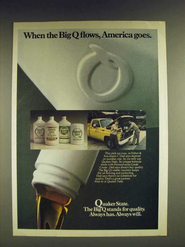 1985 Quaker State Motor Oil Ad - When the big Q flows, America goes - $18.49