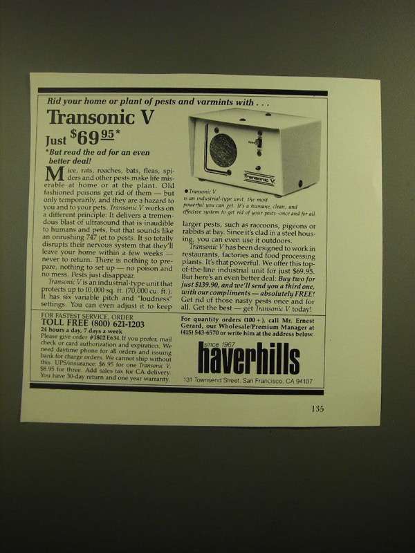 1988 Haverhills Transonic V Ad - Rid Home of Pests and Varmints - £14.89 GBP