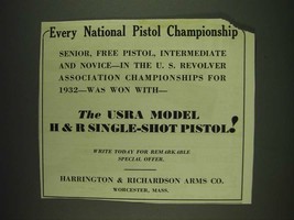 1932 Harrington &amp; Richardson Single-Shot Pistol U.S.R.A. Model Ad - £14.78 GBP
