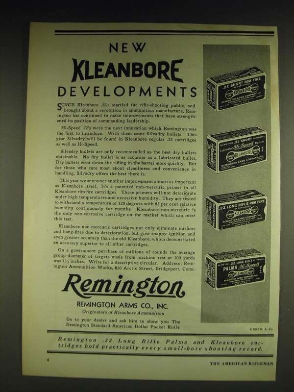1932 Remington Kleanbore Ad - .22 Short Rim Fire, Hi-Speed, .22 Long Rifle - £14.49 GBP