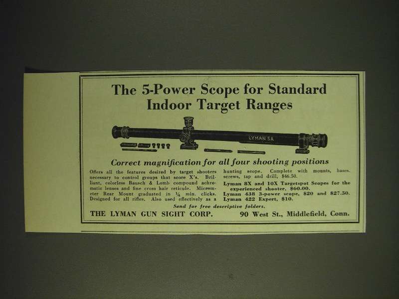 1936 Lyman 5A Scope Ad - The 5-Power scope for standard indoor target ranges - $18.49