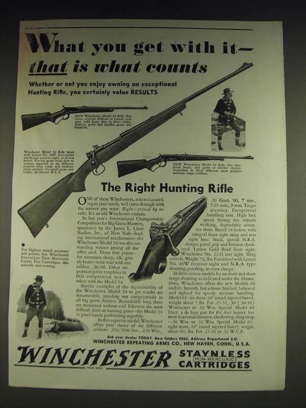 1933 Winchester Model 65, Model 54 and Model 64 Rifles Ad - What you get - $18.49