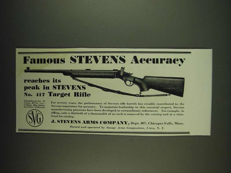1934 Stevens No. 417 Target Rifle Ad - Famous Stevens Accuracy reaches its peak - £14.53 GBP