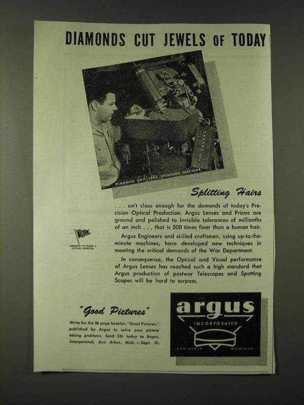 1945 Argus Optical Products Ad - Diamonds cut jewels of today - $18.49