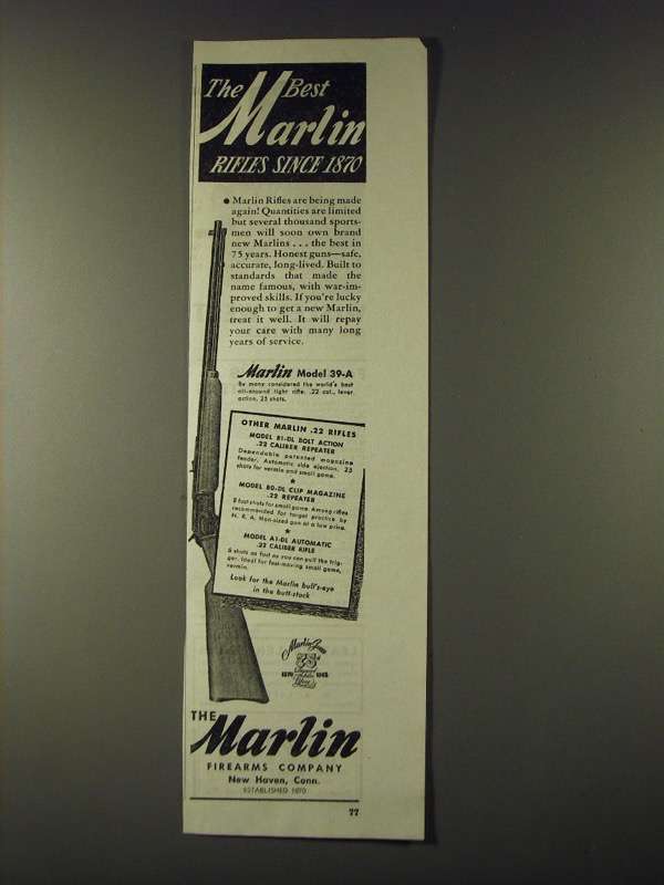 Primary image for 1945 Marlin Model 39-A Rifle Ad - The best Marlin rifles since 1870
