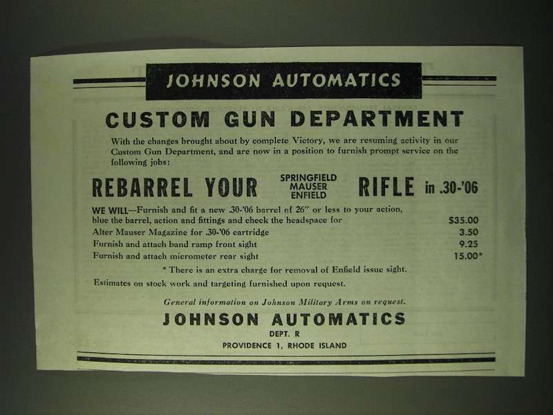 1945 Johnson Automatics Ad - Johnson Automatics Custom Gun Department - $18.49