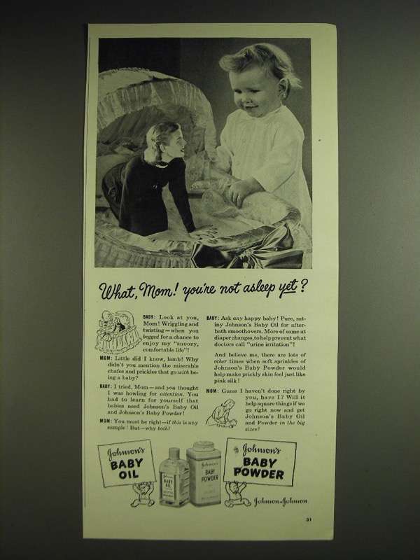 1948 Johnson's Baby Oil and Baby Powder Ad - What, Mom! You're not asleep yet? - $18.49