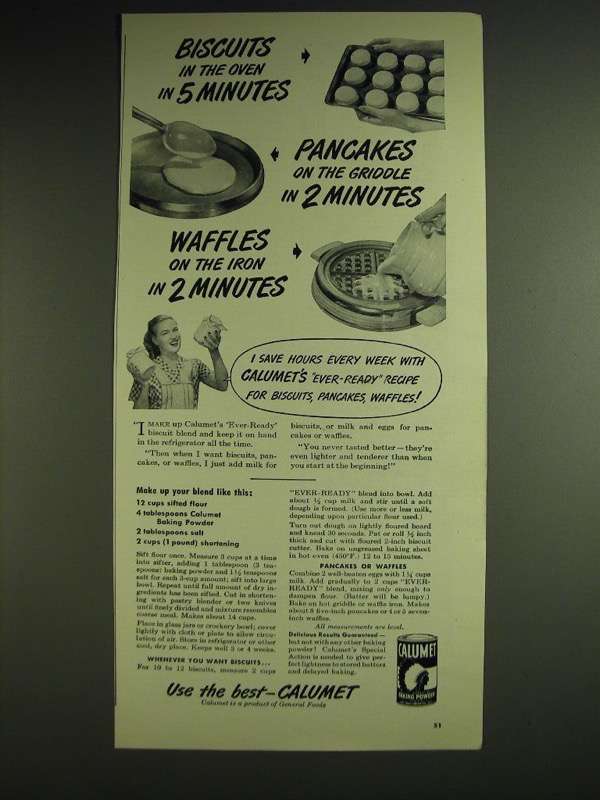 1948 Calumet Baking Powder Ad - Biscuits in the oven in 5 minutes - $18.49