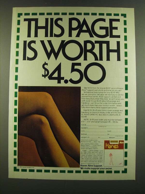 1983 Hanes Alive Support Pantyhose Ad - This page is worth $4.50 - $18.49