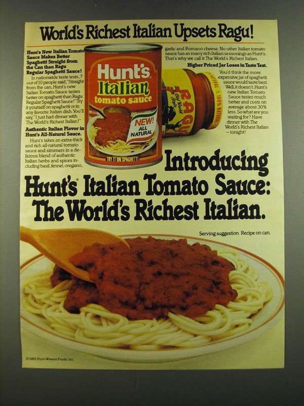 1983 Hunt's Italian Tomato Sauce Ad World's richest Italian upsets
