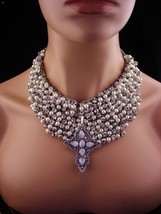 Moonstone Cross / statement necklace / Rhinestone collar / Pearl bib  with exten - £211.82 GBP