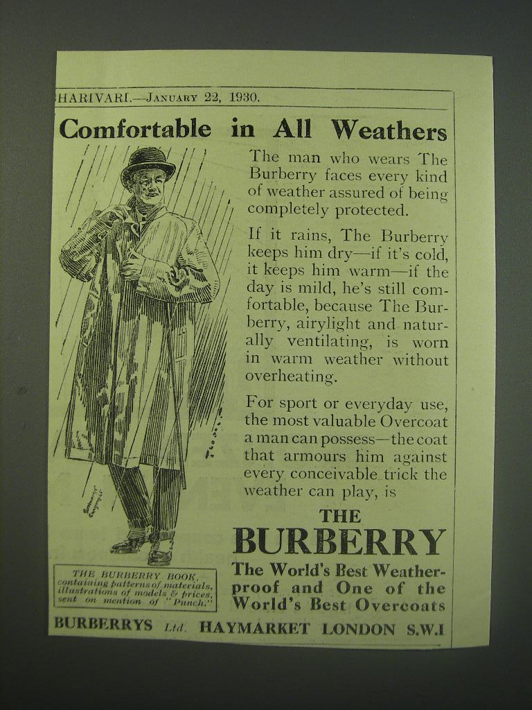 1930 Burberry Overcoat Ad - Comfortable in all Weathers - $18.49