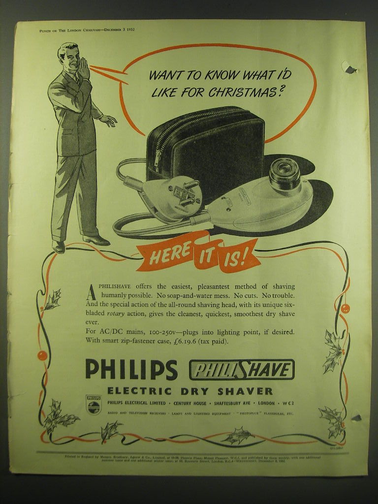 1952 Philips Philishave Shaver Ad - Want to know what I'd like for Christmas? - $18.49