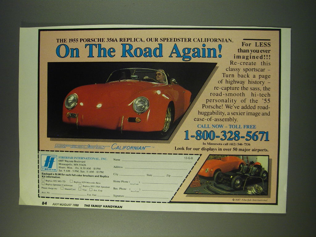 1988 Fiberfab International Speedster Californian Car Ad - The 1955 Porsche  - £13.82 GBP