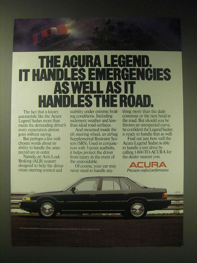 Primary image for 1989 Acura Legend Sedan Ad - It handles emergencies as well 