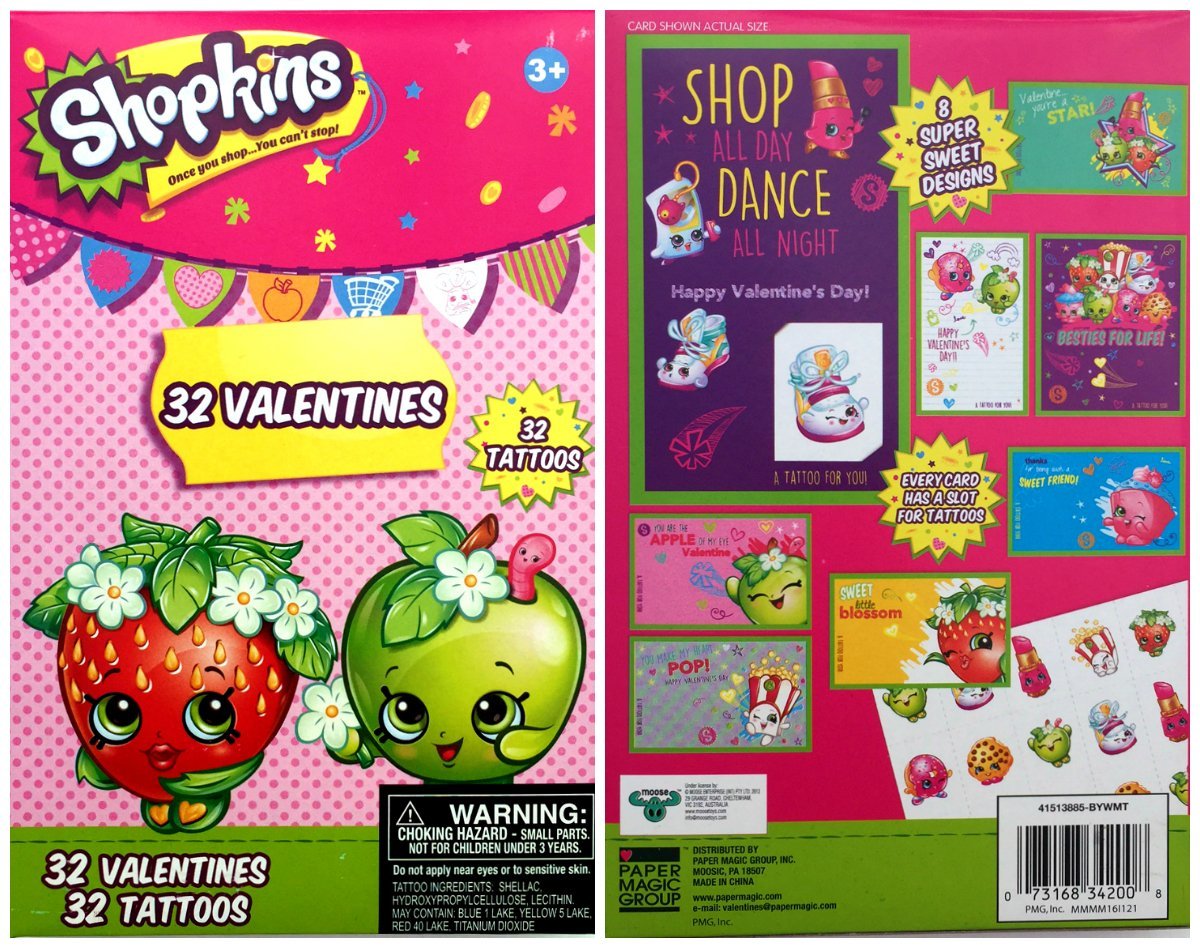 Shopkins 32 Valentine Day Cards with 32 Tattoos - $12.35
