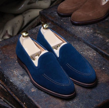 Men&#39;s Shoes Moccasin Loafer Slip On Blue Suede Leather Premium Quality Apron Toe - £107.57 GBP