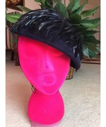 Vintage 1950 Merrimac Black/Navy Blue Peach bloom Velour Feather Hat Mad... - £19.47 GBP