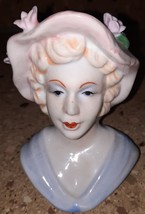 Vintage Porcelain Lady Head Vase Blue Dress w/Pink Hat &amp; Flowers 5&quot; - £23.73 GBP