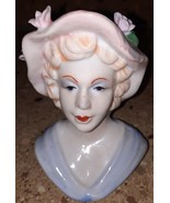 Vintage Porcelain Lady Head Vase Blue Dress w/Pink Hat &amp; Flowers 5&quot; - £23.34 GBP
