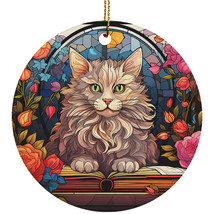 Funny Cat Book Retro Ornament Colorful Stained Glass Art Wreath Christmas Gift - £11.82 GBP