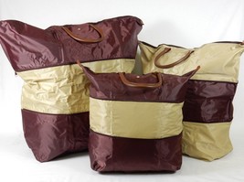 Set of 3 Expandable Totes, Small-Med-Large, GOLD/MAROON, Nylon, Leather Handles - £15.57 GBP
