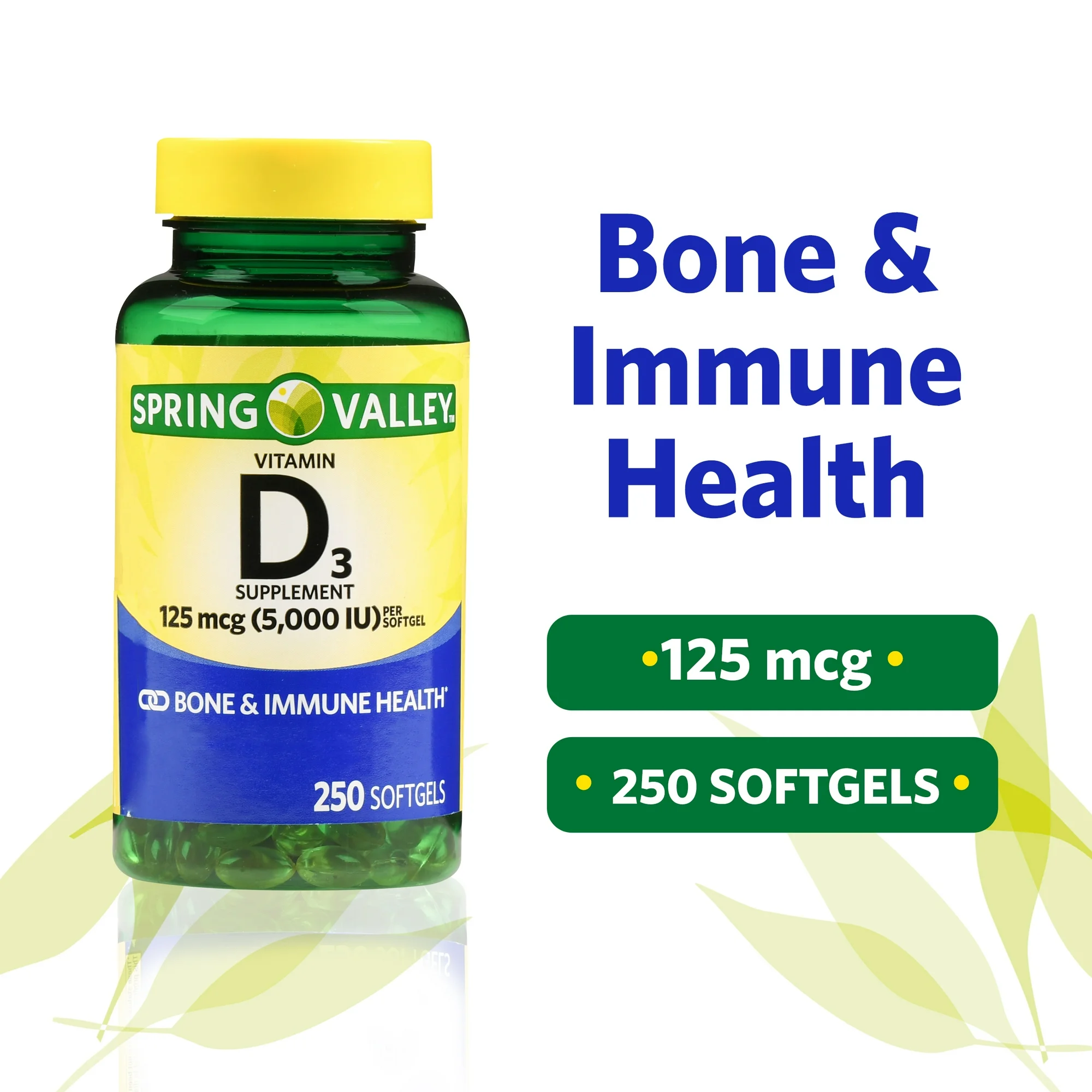 Spring Valley Vitamin D3 Softgels | 125 Mcg per Softgel | 5,000 IU | 250... - $27.22 CAD