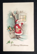 Santa in Snow Outside Window w/ Pipe Holding Lantern Embossed Postcard c1910s - £7.82 GBP
