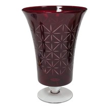 Vtg Partylite Cut Glass Ruby Red Garnet Star Pattern 13 1/2&quot; Pedestal Vase - £51.90 GBP