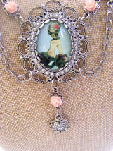 Mermaid Picture Rhinestones Pink Roses Seahorses Shells Silver Necklace - $11.88