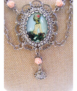 MERMAID PICTURE RHINESTONES PINK ROSES SEAHORSES SHELLS SILVER  NECKLACE - $16.13 CAD