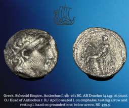 281-261 BC Grec Seleucid Empire Antiochus I Soter Ar Argent Drachm 4.14g Pièce - £77.68 GBP