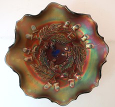 Antique Fenton Green Red &amp; Gold Iridescent Acorn Carnival Glass Bowl 7.5&quot; - $49.99