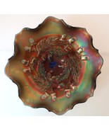 Antique Fenton Green Red &amp; Gold Iridescent Acorn Carnival Glass Bowl 7.5&quot; - $49.99
