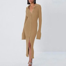  V-neck Midi  Women Dress Bodycon Fashion Long Sleeve Button Sweater Dresses Fem - £72.43 GBP