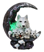 Snow White Wolf Mother With 4 Pups On LED Light Crater Crescent Moon Fig... - $61.78 CAD