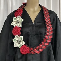 Graduation Money Lei Flower Deep Red &amp; Black Roses Four Braided Ribbons - £49.42 GBP