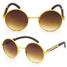 Men Classy Sophisticated Elegant Retro Style SUN GLASSES Round Gold &amp; Wood Frame - £12.93 GBP