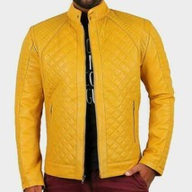 Genuine Lambskin Leather Men&#39;s Yellow Jacket Handmade New Motorcycle Biker - £85.75 GBP